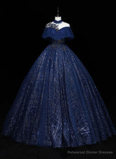 Navy Blue High Neckline Tulle with Lace Formal Dress, Navy Blue Ball Gown Sweet 16 Dress